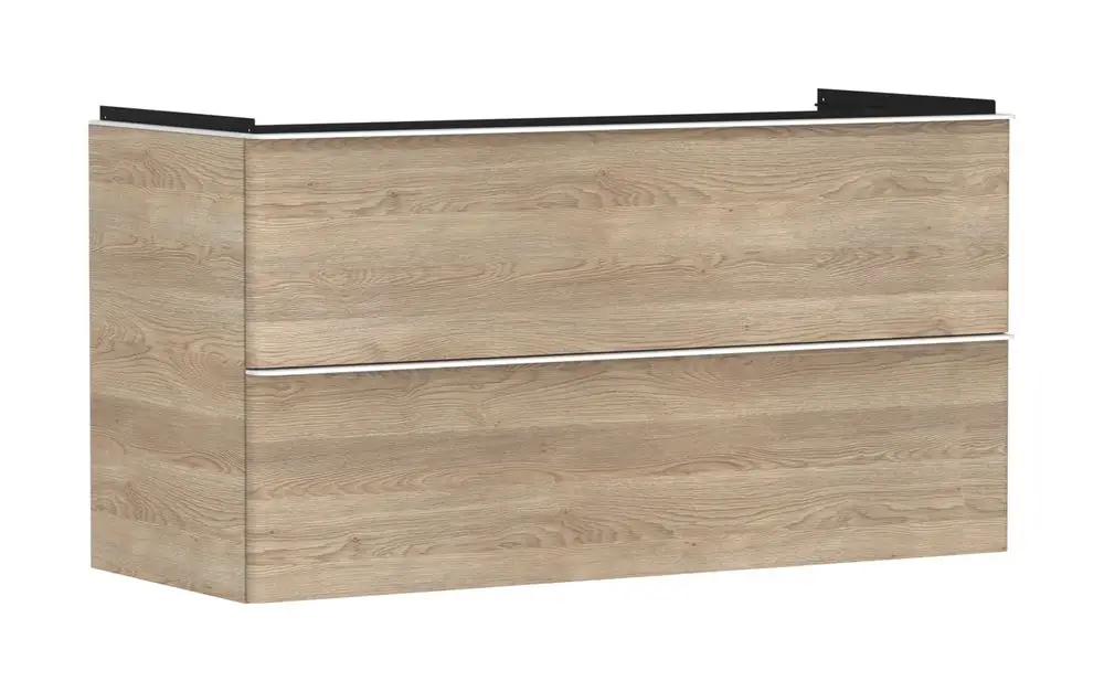 Waschtischunterschrank in Holzoptik, ausgestattet mit zwei Schubkästen. Geeignet für Waschtische, von der Marke Hansgrohe.